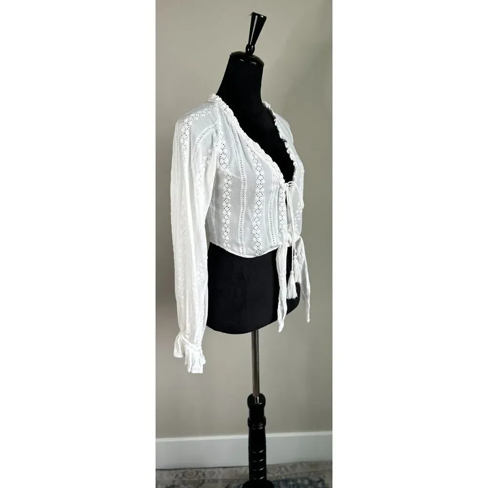 Skylar + Madison Women's Eyelet Lace Tie Long Sleeve Ruffle Cropped Top Size S
